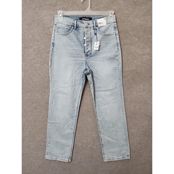 Express Straight Super High Rise Jeans Womens 8 Blue Light Wash Button Fly NEW - Picture 1 of 11